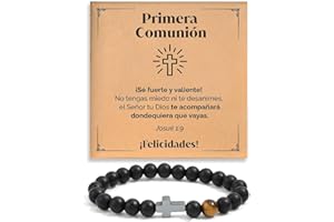 SOFIA FERRER Regalo de Comunión Niños, Pulsera Cruz Comunion Niño, Regalos Para un Niño de Comunion, Pulsera Ajustable de Piedras Naturales con Dedicatoria, Primera Comunión