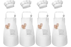 4 Sets Enfant Tablier et Toque Cuisine 3-12 Ans, Tabliers pour Garçon Fille avec 2 Grandes Poches, Ajustable Kids Tablier de Cuisson, Tablier d'artiste Enfants pour Artisanat École Peinture