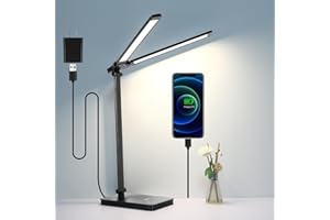 Semlos Dual Arm LED Desk Lamp for Bedroom, Reading Light with 25 Lighting Modes, USB Charging Port, Touch Control Table Lamp for Bedsides, Study, Work, Sleep, Adapter Included, Black