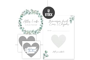 ‎THINGS OF HAPPINESS Hochzeitsgeschenk “Gemeinsam durch Euer 1. Jahr" – Hochzeitsspiel für das Brautpaar | 12 Rubbelkarten für Gutscheine für das Brautpaar, Geschenk zur Hochzeit (Grün Eucalyptus)