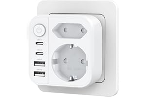 OUFUYU Mehrfachsteckdose 6-in-1 mit USB, Doppelstecker mit 2 USBA und 2 USBC Steckdose, Wandsteckdose mit Schalter (3680W/16A), Mehrfachstecker für Zuhause/Büro/Reisen
