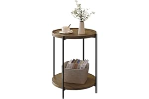 WOLTU Tavolino da Salotto Rotondo, Tavolino da Caffè con 2 Ripiani, Piano d’Appoggio Rimovibile, Comodino per Camera da Letto, Tavolinoda Divano, in Metallo e MDF, Legno Vintage e Nero, BTS06hov