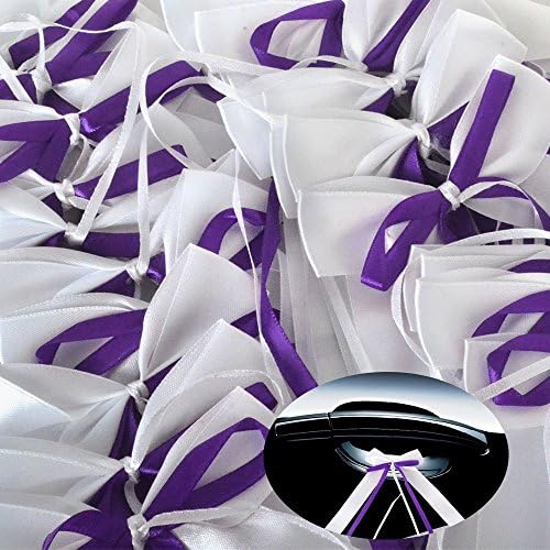 Yulakes 50pcs White & Purple Car Loop in Satin Wedding Antenna Loop Decoration for Wedding, Wedding Decoration, White Carschmuck Car Loop