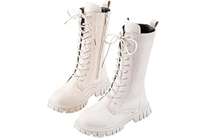 GENERIC Girls Lace Up Riding Boots Mid Calf Combat Boots PU Leather Waterproof Fall Winter Side Zipper Punk Goth Boot Fashion Punk Non Slip Cowgirl Fleece Lined Solid Color 4-11 Years