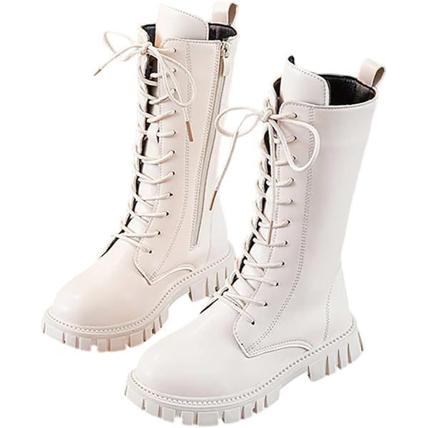Stivali Invernali Per Bambina - Alti, Con Lacci E Cerniera, Suola Antiscivolo, Pelle PU, Colori Bianco/nero