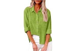 HAOLEI Chemise Femme Coton Et Lin Chemisier Col en V Bouton Manches Longues Tops Couleur Unie LâChe Respirant T-Shirts Grande Taille Pas Cher Casual Coton Lin Tunique Blouse