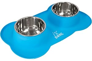 Fur & Bone Non-Slip Twin Dog Bowls | Non-Spill Silicone Mat Feeder Tray with Stainless Steel Dog bowl for Cat Puppy Dog Pet Food Water Feeding Station | Dog Accessories, Large (Blue)