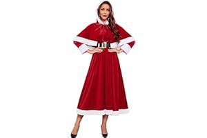 RSLOVE Mrs Claus Costume for Women - Christmas Fancy Dress Santa Babydoll Outfits with Hooded Cape Hat