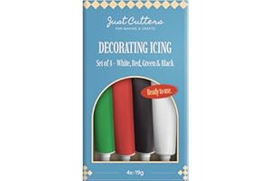 JUST CUTTERS Pack of 4 x 19g Writing Icing Tubes | Ready To Use | Instant Icing Pens for Writing, Drawing & Personalising Cakes, Biscuits & Baking (Red/Green/White/Black)
