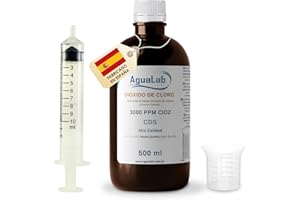 Dióxido de Cloro Agualab® 500ml vidrio 3000 PPM con agua ultra pura. Fabricado en laboratorio español registrado. PH Neutro - Ahora con jeringa GRATIS - R.O.E.S.B.A. 24-20/40/90-12176