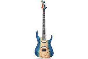 Leo Jaymz Electric Guitar Monsoon Series - Reverse Headstock, Mahogany Body,Roasted Maple Neck,Rosewood Fretboard,Locking Tuners,Rounded End Frets,AlnicoV Pickups,Fixed Hardtail Bridge (Blue Burl)