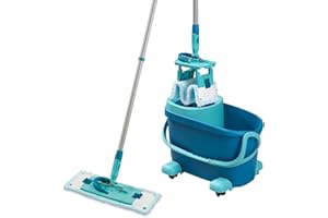 ‎LEIFHEIT Leifheit Set CLEAN Twist M Flachwischer Ergo 2.0 mit Rollen, Bodenwischer mit Supersoft Bezug für nebelfeuchte Reinigung auf Parkett, Laminat und Echtholz, Mop mit Schleudertechnologie