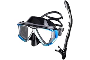 EXROSSI Dry Top Snorkel Mask Set Anti Fog Tempered Glasses Maschera Immersione Goggles con boccaglio, Professional Pano 4 Windows Adult Snorkeling Gear for Swimming Diving Scuba