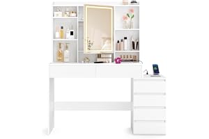 VASAGLE Sminkbord med LED-spegel, justerbar ljusstyrka, flera uttag, sminkbord, 40 x 118,3 x 145 cm, öppna fack, justerbara h