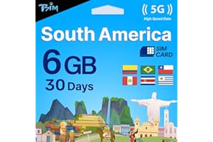 TSIM Carte SIM Amérique du Sud | 30 Jours | 6 Go 5G/4G/LTE | Partage de données autorisé | Fonctionne au Brésil, Chili, Colombie, Pérou, Uruguay et Costa Rica | Réseau 5G à Large Couverture.