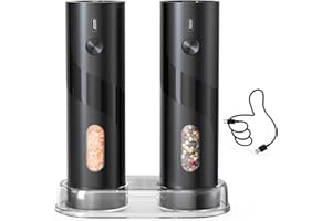 CIRCLE JOY Electric Salt and Pepper Grinder Set Top-Refill Rechargeable Salt and Pepper Mill Grinders with Storage Base, Adjustable Coarseness, 110ml Capacity and White LED Light, Black