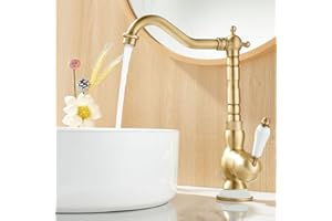 Maynosi Bathroom Sink Taps, Retro Basin Mixer Tap, Traditional Kitchen Sink Tap with 360° Swivel Spout, Victorian Ceramic Lever Faucet for Kitchen or Bathroom, Include Hoses (Antique Brass)