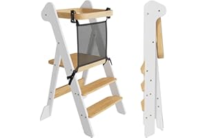 COSYLAND Torre de Aprendizaje Plegable Desde 1 Año – Premio iF Design, Torre Montessori con Red de Seguridad y Altura Ajustable, Ideal para Cocina y Baño, Foldi (Blanco y Natural)