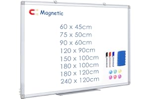 Maxtek Tableau Blanc Effacable 60 × 45 cm, Petit Whiteboard Magnetique Mural avec Cadre en Aluminium, White Board Mural Deux Options de Montage avec 4 Marqueurs, 6 Aimants, 1 Effaceur