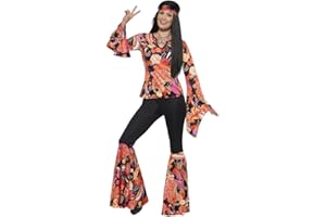 Smiffys Willow the Hippie Costume, Multi-Coloured with Top, Trousers, Headscarf & Medallion, 1960's Groovy Fancy Dress, Adult Dress Up Costumes