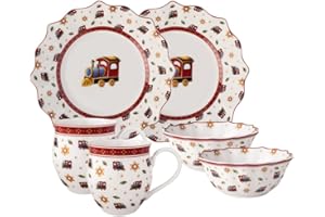 Villeroy & Boch - Toy's Delight set da colazione per 2, motivo locomotiva 6 pezzi multicolore, Natale, servizio con piatti da colazione, tazze e ciotole, stoviglie natalizie, porcellana Premium