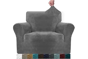 MAXIJIN Thick Velvet Chair Covers for Armchairs Super Stretch Non Slip Sofa Cover 1 Seater Dogs Cat Pet Living Room 1-Piece Elastic Couch Protector Chair Slipcover with Arms (1 Seater, Grey)