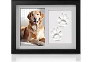 PewinGo Pet Memorial Frame for Dogs and Cats,Pet Paw Print Photo Frame with Clay Imprint Kit,Pawprint Making Kit and Photo Display for 6" x 4" Photo, Perfect Pet Keepsake Gift for Pet Owner-Black