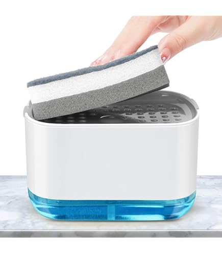 Dispenser Sapone 2 In 1 Con Portaspugna Bianco – 500 Ml, Base Trasparente, Antiscivolo Per Cucina E Bagno