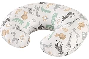 JOVELL Coussin d'allaitement, Essentiels d'allaitement Ergonomiques pour le Biberon et L'Allaitement, Rembourrage en Fibres et Housse Amovible en Coton 100% Biologique, Lavable en Machine (Parc Animalier)