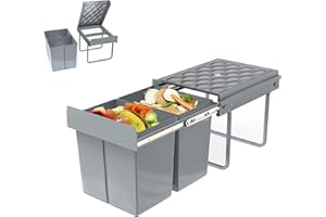 AufuN Wbudowany kosz na śmieci, zbieracz odpadów, kosz na śmieci do kuchni, szafka dolna z wysuwem, system segregacji śmieci 2 komory wysuwalny 2 x 15L, pełny wysuw z szynami teleskopowymi, 48 x 34 x