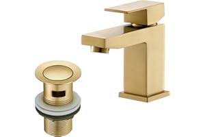 Bathroom Sink Taps, Basin Taps with Waste, BATHWEST Basin Tap Monobloc Brass Bathroom Sink Tap with Sink Plug 492MGO (Gold)