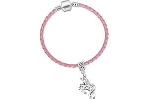 CHARM BUDDY Girls Pink Leather Starter Charm Bracelet with Silver Unicorn and Gift Box
