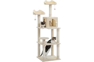 PETEPELA Arbre à Chat pour Chats d'intérieur Tour à Chat Multi-Niveaux avec griffoirs recouverts de sisal&Pad, Condo Douillet, hamac Super Large et perchoirs en Peluche 154cm Beige