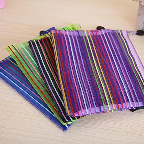 Striped Mesh Style Zipper Closure Nylon Mesh Multicolor Stripes A4 Paper Documents Pen File Bag Folder 4 Pcs