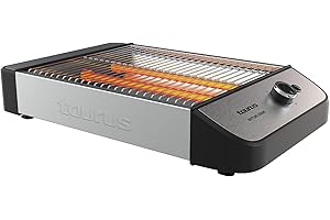 Taurus - Grille-pain horizontal 1000W | Surface 25x20 cm | 3 résistances quartz | Signal sonore | 4 tranches | Ramasse-miettes | Acier inox | Range-cordon intégré