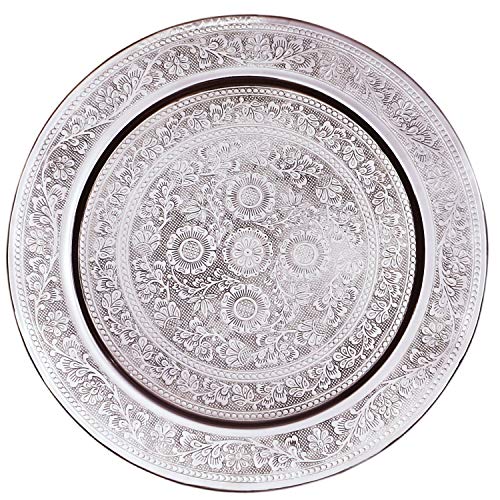 Orientalisches rundes Tablett aus Messing AFAF Silber 30cm groß | Marokkanisches Teetablett Silberfarbig | Orient Serviertablett Rund Rutschfest | Orientalische Dekoration auf dem gedeckten Tisch