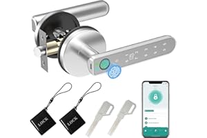 BIWIBON Fingerprint Door Lock, 5 in 1 Smart Door Knob with Smart APP/Fingerprint/IC Cards/Password/Backup Keys, Fingerprint Door Knob with Keypad for Bedroom, Office, Apartment, Silver, BCA-02