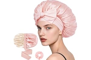 Loomify Cuffia Seta Capelli Notte, Bonnet Seta per Capelli Ricci, Cuffia Capelli Ricci Notte per Dormire, Bonnet Satin con Scrunchie per Donna e Ragazza (Rosa corallo/Champagne)