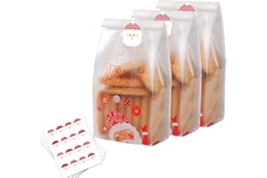 ANBOBO Christmas Cookie Bags 50 Pcs Translucent Treat Bags with Stickers Santa Claus Plastic Bags for Cake Candy Chocolate Snack Bakery Bread Cupcake Donuts Xmas Party Gift Wrapping Bag