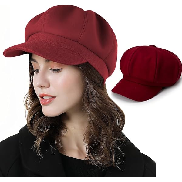 HIQIU Dames ballonmuts paraplumuts warme wintermuts dames achthoekige baret cap schilderhoed voor herfst en winter, rood, One size