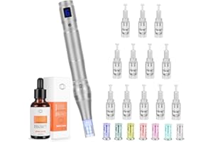 IZADIZADI Elektrische Microneedling Pen mit 7 Farben Licht, DermaPen Einstellbar 0-2,5mm mit LCD Bildschirm und 6 Stufen, Mit Hyaluron Serum Hochdosiert (12 Patronen)
