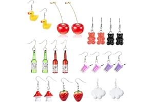 HJYZY 11 Pairs Cute Fruit Dangle Cherry Drop Strawberry Earrings Funny Earrings Gummy Bear Duck Mushroom Butterfly Dangle Wine bottle Milk tea Clouds Earrings Set for Women Girls Gift
