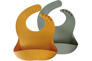 GS1 UK Waterproof Food Grade Silicone Baby Toddler bib - 2pc Soft BPA free Weaning Bibs for Boys and Girls Babies (Mustard Yellow & Forest Green)