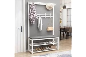 ANGROUPS 4 in 1 Entryway Hall Tree, Coat Rack with Shoe Bench,Freestanding Coat Stand with 2-Tier Shoe Rack and 10 Hooks for Entryway Hallway, Shoe Storage for 6-8 Pairs, Easy to Assemble