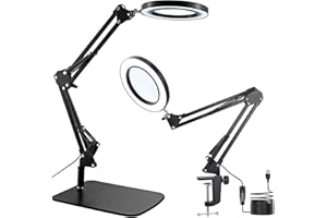 SOOBUYGOO 15X Magnifying Glass with Light, Table Lamp with Stand and Clamp, 2-in-1 LED Desk Lamp with Magnifier, 3 Color Modes, 72 LEDs, Real Glass Lens for Close Works, Craft, Hobby, Painting, Reading, Repair