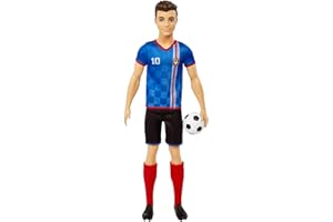 Barbie Ken Piłkarz Lalka z krótkimi włosami, kolorowym strojem z numerem 10, piłką nożną, korkami i wysokimi skarpetami, doskonały prezent inspirowany sportem dla dzieci od 3 roku życia, HCN15