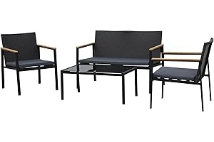 Outsunny Conjunto Muebles de Ratán PE de 4 Piezas con Cojines 2 Sillones 1 Sofá Doble y Mesa de Centro para Jardín Terraza Patio Negro y Gris