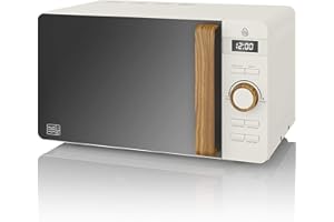 Swan Four à micro-ondes numérique Nordic 20 L, 6 niveaux de puissance, 800 W, minuterie de 30 minutes, nettoyage facile, mode dégivrage, design moderne, poignée effet bois, blanc mat
