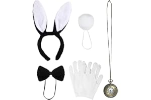 UILYNIU 5 Pezzi Nero Accessori Costume da Coniglio Ragazze Donna Orecchie da Coniglio Papillon Guanti Bianchi Orologio Coda di Coniglio Costume Coniglio per Pasqua Festa Halloween
