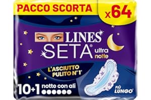 Lines Seta Ultra Assorbenti Ultra Notte con Ali, Pacco Scorta, Confezione da x64 pezzi